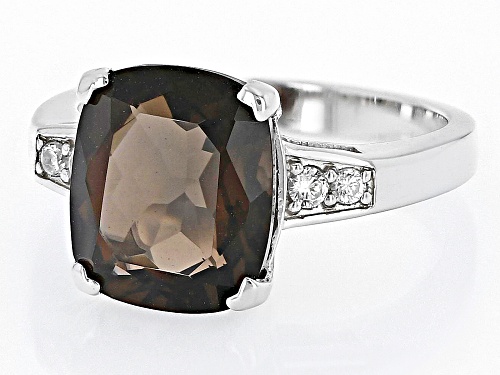 3.75ct Cushion Smoky Quartz With 0.14ctw White Zircon Rhodium Over Sterling Silver Ring - Size 8
