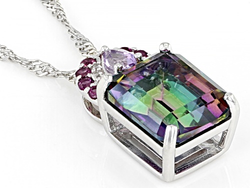 3.87ct Oval Multi-Color Quartz with 0.29ctw Multi-Gem Rhodium Over Silver Pendant with Chain