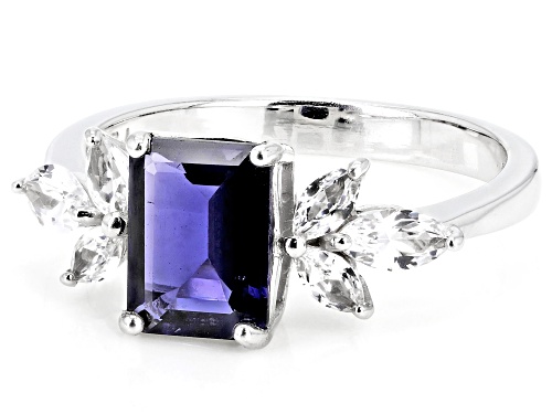 1.11ct Rectangular Octagonal Iolite With 0.52ctw Lab Created White Sapphire Rhodium Over Silver Ring - Size 9