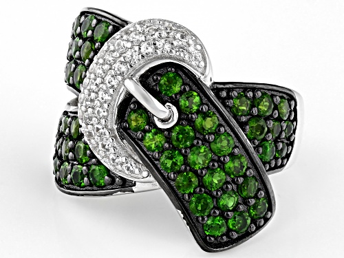 1.20ctw Round Chrome Diopside With 0.25ctw White Zircon Rhodium Over Silver Buckle Ring - Size 6
