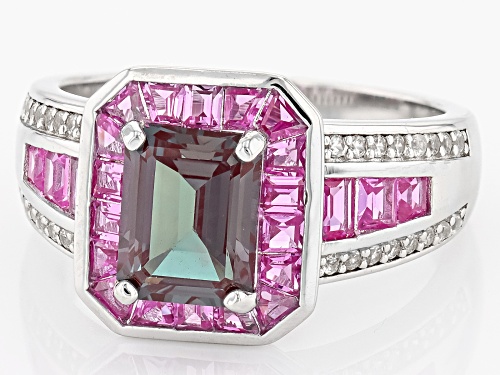 2.12ct Lab Alexandrite, 1.26ctw Lab Pink Sapphire With .23ctw White Zircon Rhodium Over Silver Ring - Size 9
