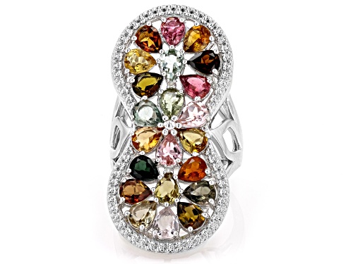 6.55ctw Pear Shape Multicolor Tourmaline With 0.01ctw Diamond Accent Rhodium Over Silver Ring - Size 7