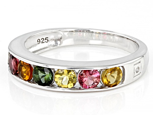 1.19ctw Round Multicolor Tourmaline With 0.01ctw White Diamond Accent Rhodium Over Silver Band Ring - Size 7