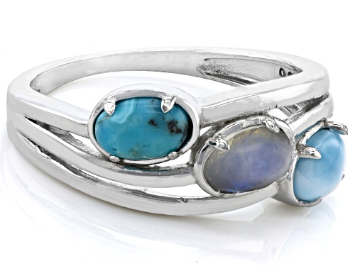 6x4mm Oval Rainbow Moonstone with Larimar and Turquoise Rhodium Over Silver 3-Stone Ring - Size 6