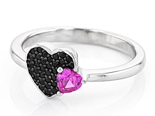 0.13ctw Round Black Spinel With 0.26ct Lab Created Pink Sapphire Rhodium Over Sterling Silver Ring - Size 10