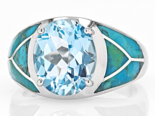 6.20ct Oval Glacier Topaz™ With Free-Form Turquoise Rhodium Over Silver Ring - Size 7