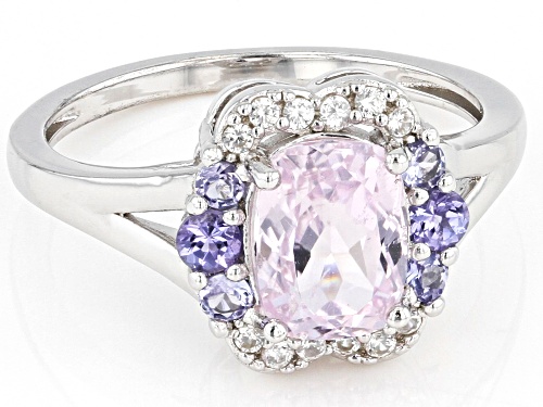 1.60ct Kunzite, 0.24ctw Tanzanite With 0.10ctw White Zircon Rhodium Over Sterling Silver Ring - Size 9