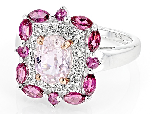 1.48ct Kunzite, 0.85ctw Raspberry Rhodolite With 0.20ctw White Zircon Rhodium Over Silver Ring - Size 9