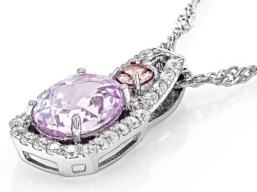 1.50ct Kunzite, .11ct Pink Sapphire With .23ctw White Zircon Rhodium Over Silver Pendant Chain