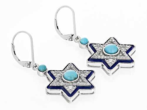 3mm & 5mm Composite Turquoise, White Zircon and Enamel Star of David Rhodium Over Silver Earrings