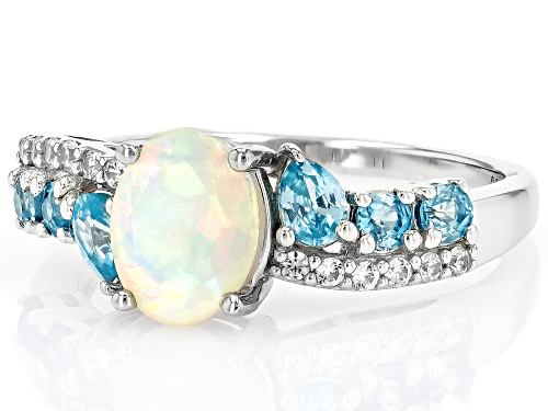 0.54ct Oval Ethiopian Opal With 0.80ctw Blue & White Zircon Rhodium Over Sterling Silver Ring - Size 10