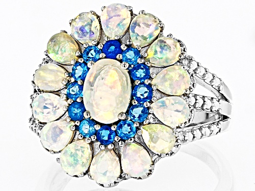 0.38ct Oval And 1.07ctw Pear shape Ethiopian Opal With 0.41ctw Neon Apatite Rhodium Over Silver Ring - Size 8