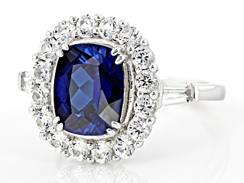 3.50ct Cushion Lab Blue Sapphire With 1.54ctw lab White Sapphire Rhodium Over Sterling Silver Ring - Size 8