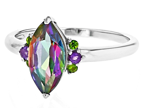 1.70ct Mystic Fire® Green Topaz, 0.06ctw Amethyst, 0.06ctw Chrome Diopside Rhodium Over Silver Ring - Size 8