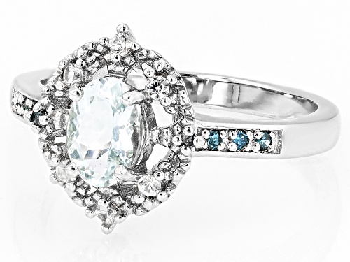 .60ct Oval Aquamarine, .04ctw Zircon With .05ctw Blue Diamond Accent Rhodium Over Silver Ring - Size 8