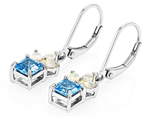1.39ctw Asscher Cut Swiss Blue Topaz With 0.36ctw Ethiopian Opal Rhodium Over Silver Earrings