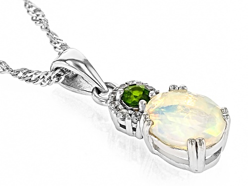 0.77ct Oval Ethiopian Opal,.09ct Chrome Diopside With.14ctw Zircon Rhodium Over Silver Pendant Chain