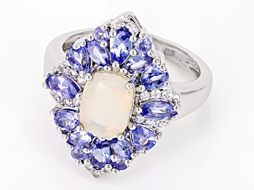 .85ct Ethiopian Opal with 1.43ctw Tanzanite and 0.19ctw White Zircon Rhodium Over Silver Ring - Size 6