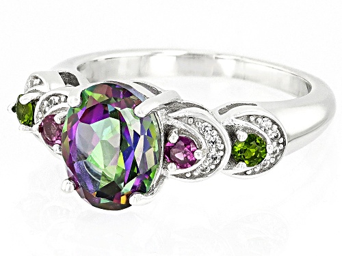 2.82ct Oval Mystic Fire® Green Topaz With 0.37ctw Multi-Gem Rhodium Over Silver Ring - Size 8