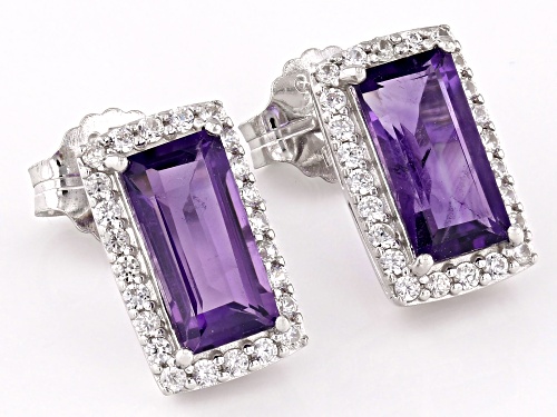 3.20ct Baguette African Amethyst With 0.56ctw White Zircon Rhodium Over Silver Stud Earrings
