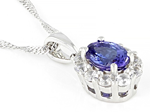 1.25ct Oval Tanzanite With 0.85ctw Round White Zircon Rhodium Over Silver Pendant With Chain