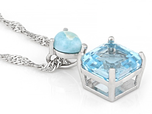 2.76ct Asscher Cut Glacier Topaz™ With 5x4mm Larimar Rhodium Over Silver Pendant With Chain