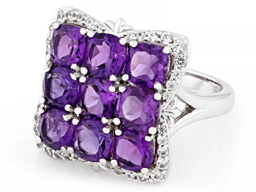3.71ct Cushion African Amethyst With 0.56ctw White Zircon Rhodium Over Sterling Silver Ring - Size 6