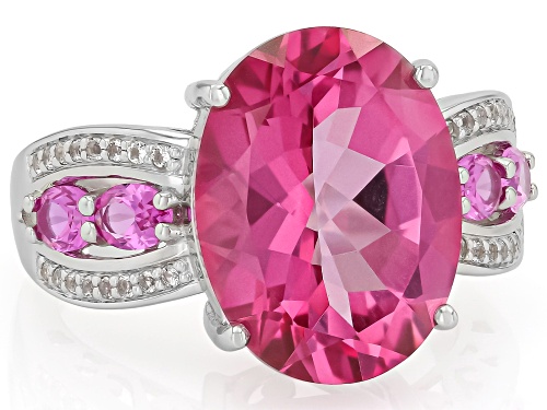 9.78ct Pink Topaz, 0.51ctw Lab Pink Sapphire With 0.11ctw White Topaz Rhodium Over Silver Ring - Size 7