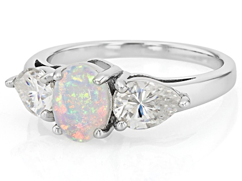 1.70ct Oval Multi-color Opal With .54ct Strontium Titanate Rhodium Over Silver 3-Stone Ring - Size 6