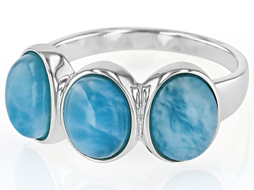 8x6mm Oval Cabochon Larimar Sterling Silver 3-Stone Ring - Size 7