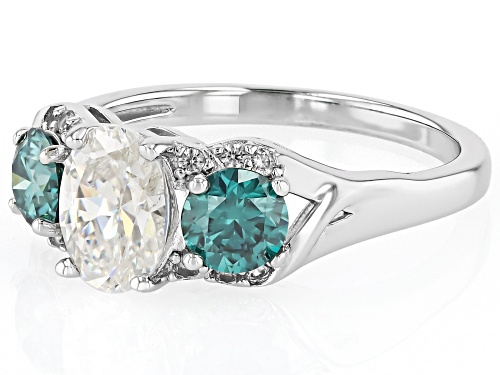1.66ct Oval Strontium Titanate, .77ctw Moissanite Fire® With .11ctw Zircon Rhodium Over Silver Ring - Size 9