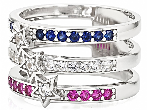 3.58ctw Multicolor Lab Sapphire With 0.32ctw Lab Ruby Rhodium Over Silver Stars & Stripes Band Ring - Size 6