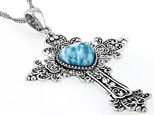 10mm Heart Cabochon Larimar Sterling Silver Cross Pendant With Chain