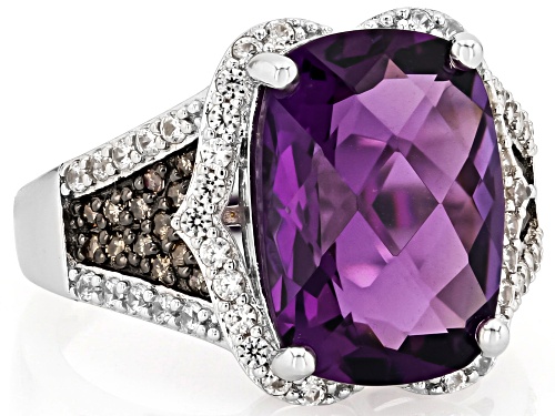 5.35ct Canela Amethyst With 0.16ctw Diamond and 0.58ctw White Zircon Rhodium Over Silver Ring - Size 9