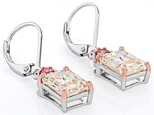 7.02ctw Radiant Cut Strontium Titanate With 0.18ctw Moissanite Fire® Rhodium Over Silver Earrings