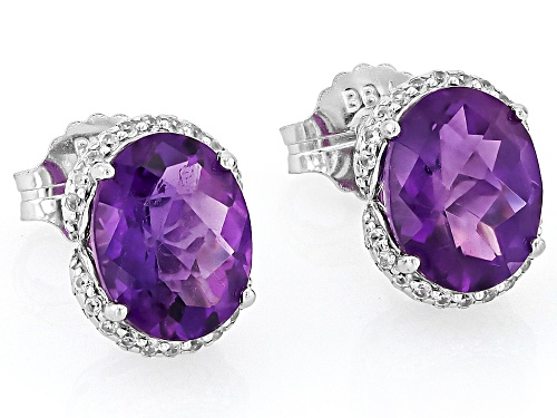 2.50ct Oval African Amethyst With 0.26ctw White Zircon Rhodium Over Sterling Silver Stud Earrings