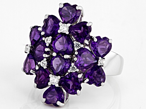 5.47ctw Heart shaped African Amethyst With .21ctw Round White Zircon Rhodium Over  Silver Ring - Size 8