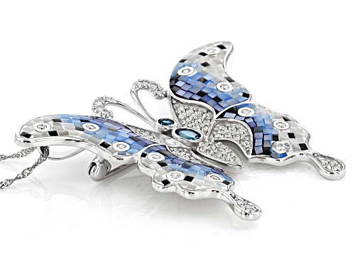 Mosaic Mother-of-Pearl, 2.41ctw Topaz & White Zircon Rhodium Over Silver Butterfly Brooch With Chain