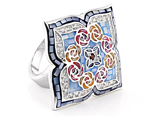 Mosaic Mother-of-Pearl, .45ctw Garnet and Zircon Rhodium Over Sterling Silver Ring - Size 7