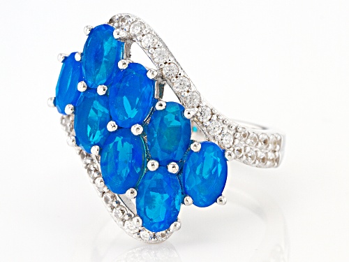 1.97ctw oval paraiba blue color opal with 0.81ctw white zircon rhodium over sterling silver ring - Size 7