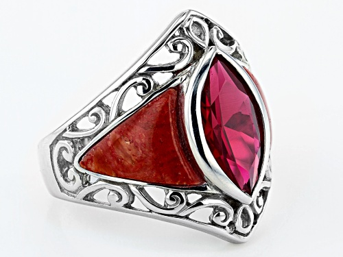 2.89ct Marquise Lab Created Ruby With 9x8mm Red Coral Rhodium Over Sterling Silver Ring - Size 8