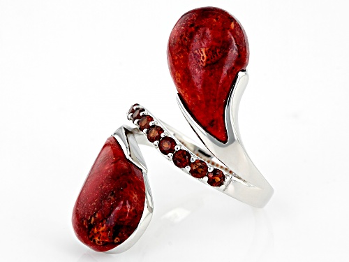 17X10mm Fancy Shape Sponge Coral and 0.55ctw Vermelho Garnet™ Rhodium Over Silver Bypass Ring - Size 7