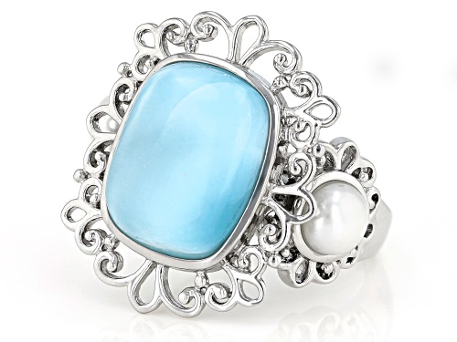 14x11mm Larimar and 5-5.5mm Cultured Freshwater Pearl Rhodium Over Sterling Silver Ring - Size 7