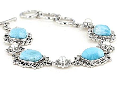 12x10mm Rectangular Cushion Larimar and Cultured Freshwater Pearl Rhodium Over Silver Bracelet - Size 7.25