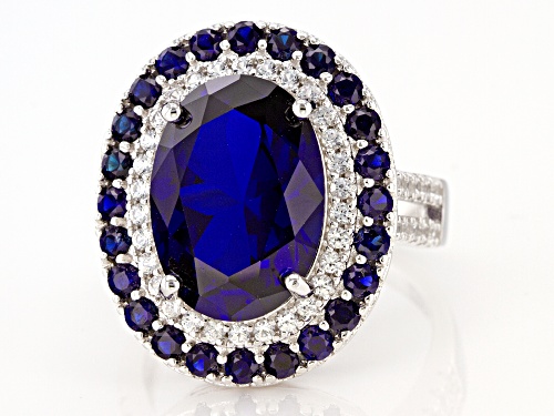 7.90ctw Lab Created Blue Sapphire and .60ctw Lab Created White Sapphire Rhodium Over Silver Ring - Size 7