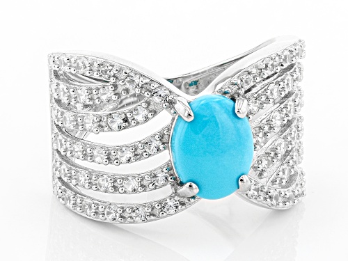 9x7mm Oval Sleeping Beauty Turquoise and 1.36ctw Zircon Rhodium Over Silver Crossover Band Ring - Size 9