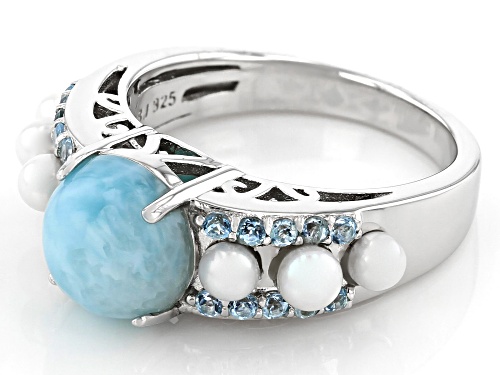9mm Round Blue Larimar With Cultured Freshwater Pearl and .37ctw Topaz Rhodium Over Silver Ring - Size 8