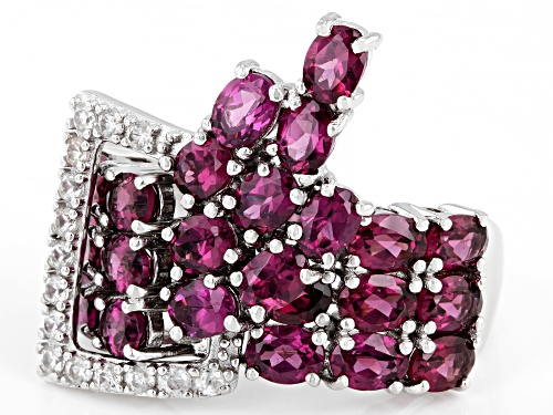 5.06ctw Oval Raspberry Color Rhodolite With 0.32ctw Round White Zircon Rhodium Over Silver Ring - Size 7