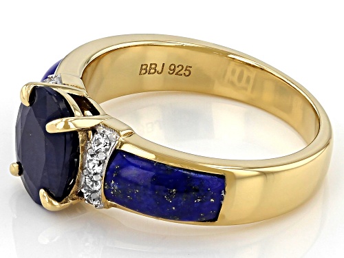 1.85ct BLUE SAPPHIRE, LAPIS LAZULI, WITH WHITE ZIRCON 18K YELLOW GOLD OVER STERLING SILVER RING - Size 8