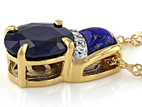 1.85CT BLUE SAPPHIRE, LAPIS LAPZULI WITH .08CTW WHITE ZIRCON 18K YG OVER SILVER PENDANT WITH CHAIN